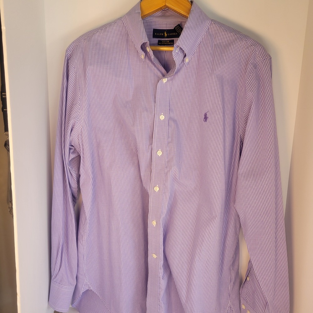 Ralph Lauren Mens Purple Gingham Easy Care Cotton Stretch Shirt 16.5 34/35